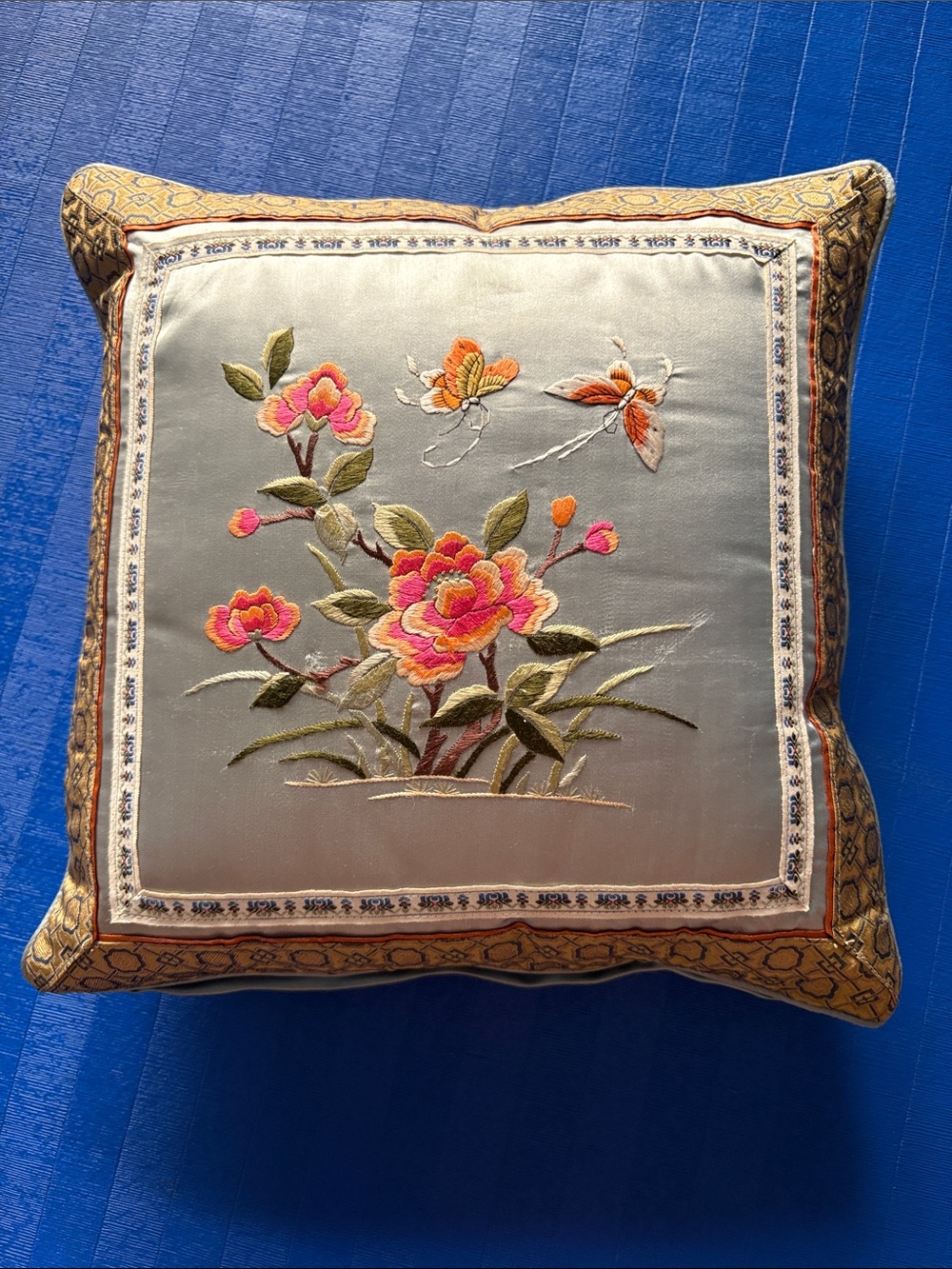 Vintage Chinese Silk Embroidered Floral Throw Pillow 12 x 12